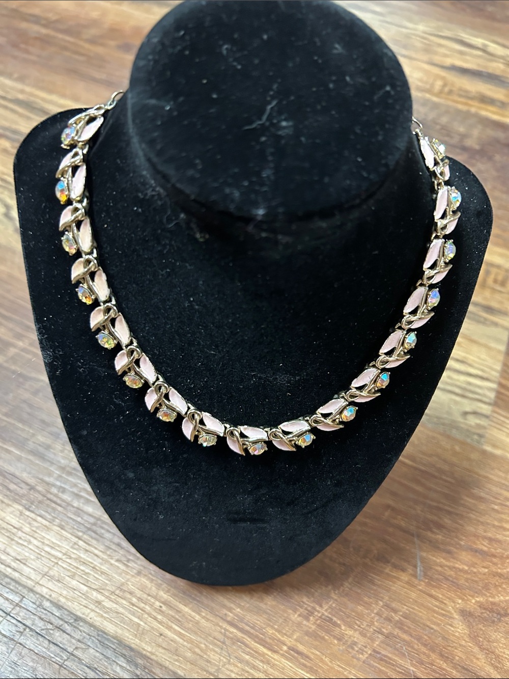 Vintage Gold-Tone Pink Enamel and Aurora Crystal Necklace